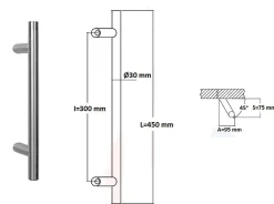 Poignée de tirage Diamètre 30 mm - Entraxe300 - S80 - A70 - L450 mm - inclinée 45 - INOX 304 Laqué RAL 9005 Noir Mat