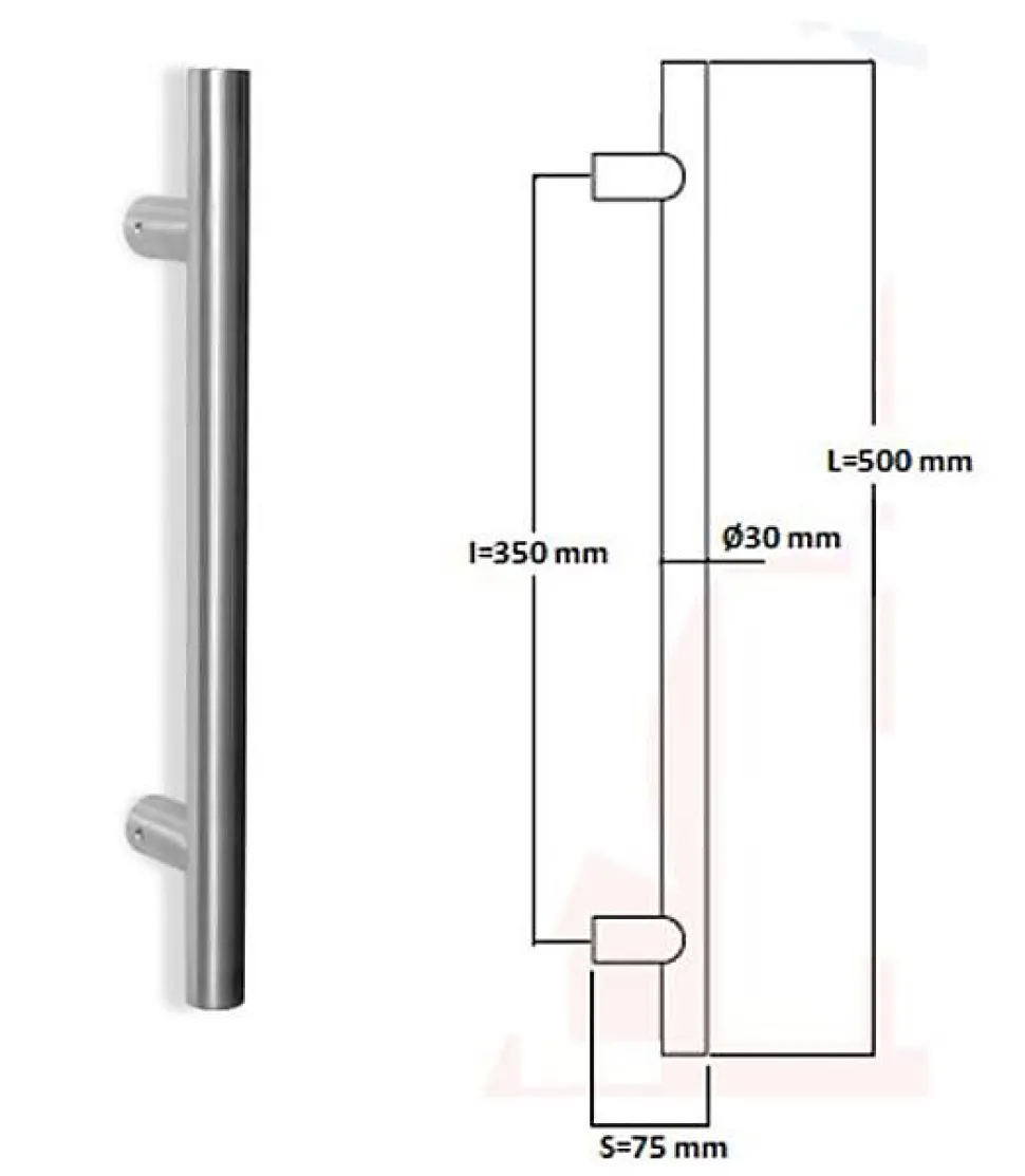 Poignée de tirage Diamètre 30 mm - Entraxe350 - S75 - L500 mm - INOX 304 poli
