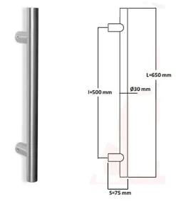 Poignée de tirage Diamètre 30 mm - Entraxe500 - S75 - L650 mm - INOX 304 satiné