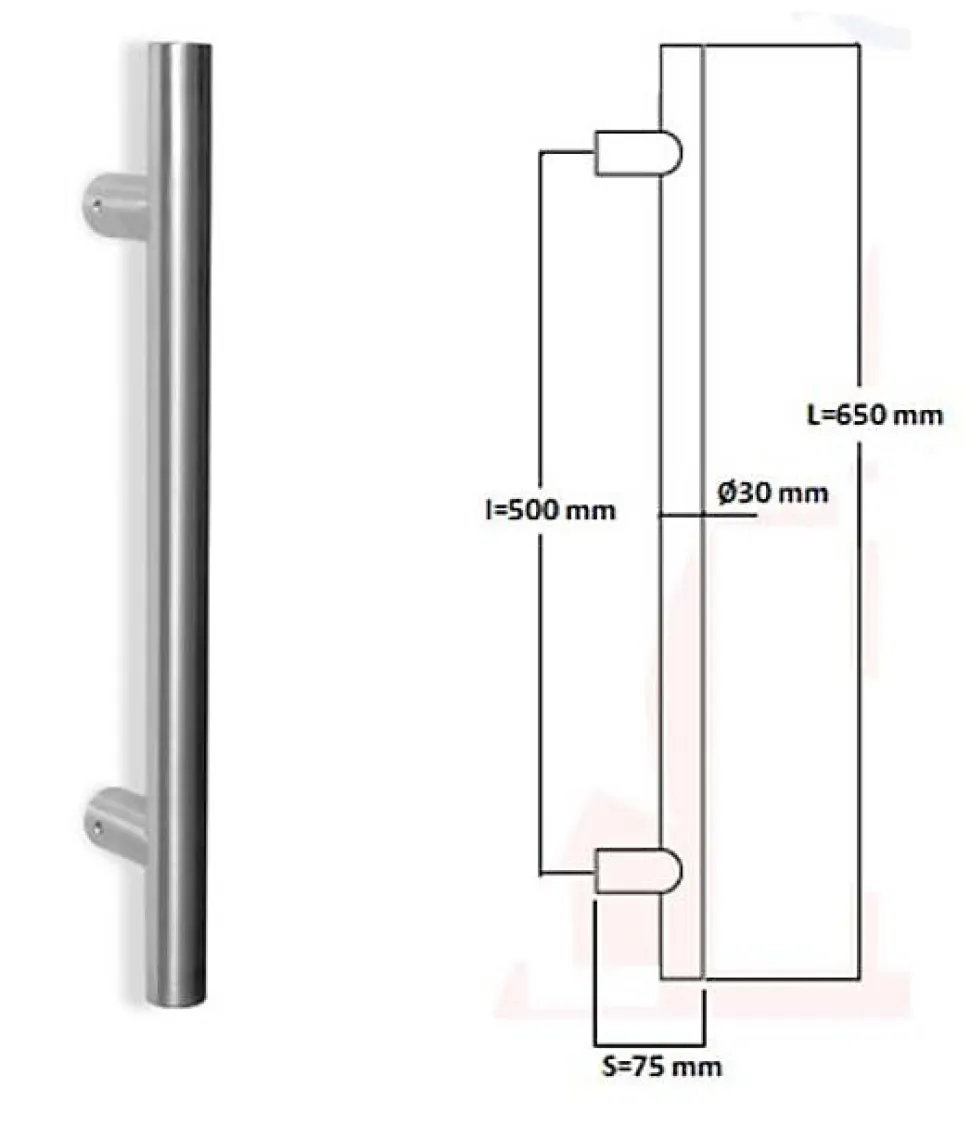 Poignée de tirage Diamètre 30 mm - Entraxe500 - S75 - L650 mm - INOX 304 satiné