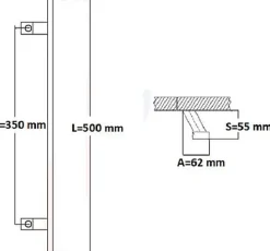 Poignée de tirage, inclinée 60, Rectangle 40x10 mm Entraxe 350 S 55 A 62 L 500 mm INOX 304 Laqué RAL 9005 Noir Mat