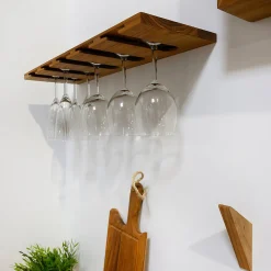 Porte-Verres à Vin en Bois Teck Huilé - Fixation Inclus - 18X200X600mm - Support Suspendu 5 Rangées