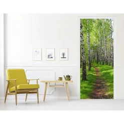 Poster de porte CHEMIN DES BOULEAUX dans la forêt 85 x 205 cm - Sticker préencollé