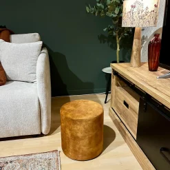 Pouf - Repose-pieds rond D. 32 cm en velours jaune moutarde - JOEL