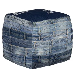 Pouf carré Pittsburgh WOMO-DESIGN 45 cm bleu pièce unique artisanal en jean rembourrage de coton