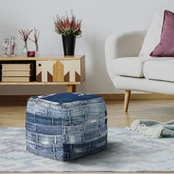 Pouf carré Pittsburgh WOMO-DESIGN 45 cm bleu pièce unique artisanal en jean rembourrage de coton