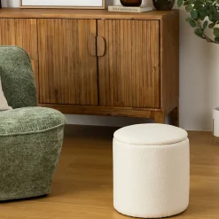 Pouf coffre bouclette Kaydi blanc D35cm - Atmosphera
