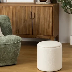 Pouf coffre bouclette Kaydi blanc D35cm - Atmosphera