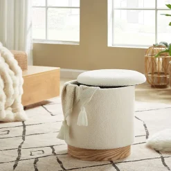 Pouf coffre JULIETTE tissu bouclette blanc