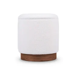 Pouf coffre JULIETTE tissu bouclette blanc & base bois foncé