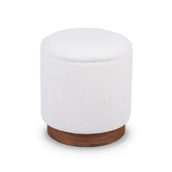 Pouf coffre JULIETTE tissu bouclette blanc & base bois foncé