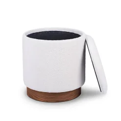 Pouf coffre JULIETTE tissu bouclette blanc & base bois foncé