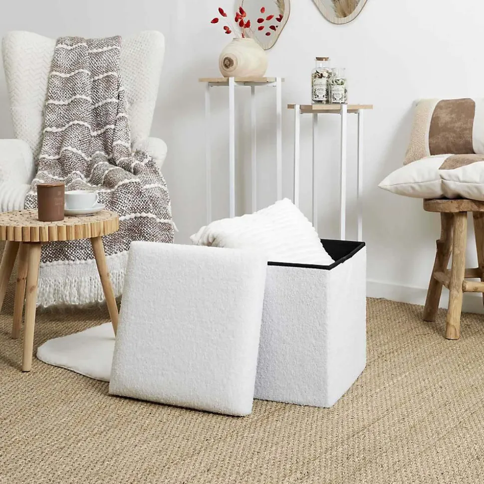 Pouf coffre pliable en bouclette blanc