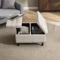Pouf de Rangement - Banc Coffre Carré avec Grande Capacité de Stockage et Assise Confortable en Tissu, 75x75x41 cm - Beige