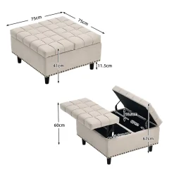 Pouf de Rangement - Banc Coffre Carré avec Grande Capacité de Stockage et Assise Confortable en Tissu, 75x75x41 cm - Beige