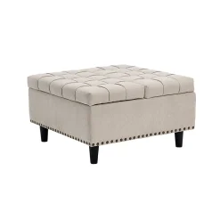 Pouf de Rangement - Banc Coffre Carré avec Grande Capacité de Stockage et Assise Confortable en Tissu, 75x75x41 cm - Beige