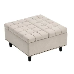 Pouf de Rangement - Banc Coffre Carré avec Grande Capacité de Stockage et Assise Confortable en Tissu, 75x75x41 cm - Beige
