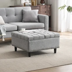 Pouf de Rangement - Banc Coffre Carré avec Grande Capacité de Stockage et Assise Confortable en Tissu, 75x75x41 cm - Gris