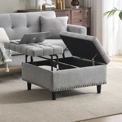 Pouf de Rangement - Banc Coffre Carré avec Grande Capacité de Stockage et Assise Confortable en Tissu, 75x75x41 cm - Gris