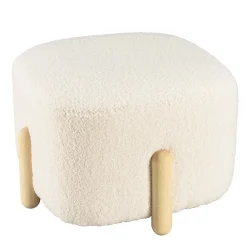 Pouf en tissu bouclette écru et pieds bois