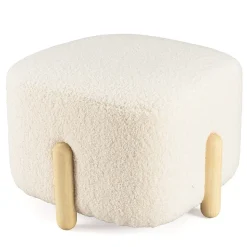 Pouf en tissu bouclette écru et pieds bois