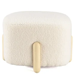 Pouf en tissu bouclette écru et pieds bois