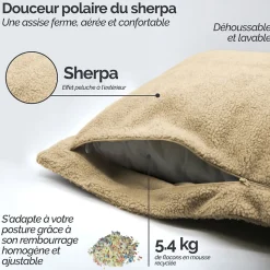 Pouf géant XXL, fauteuil d'intérieur déhoussable - 150 x 180 cm - Sherpa - Beige - Vivezen