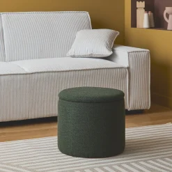 Pouf kaki foncé en tissu avec rangement pour coussins ou plaids