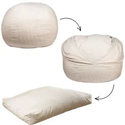 Pouf lit convertible 2en1 déhoussable en velours côtelé blanc cassé