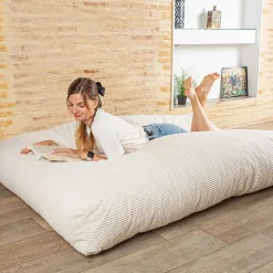 Pouf lit convertible 2en1 déhoussable en velours côtelé blanc cassé