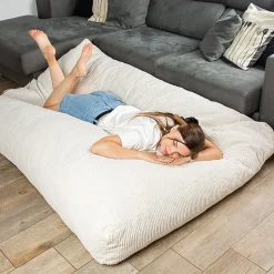 Pouf lit convertible 2en1 déhoussable en velours côtelé blanc cassé