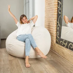 Pouf lit convertible 2en1 déhoussable en velours côtelé blanc cassé