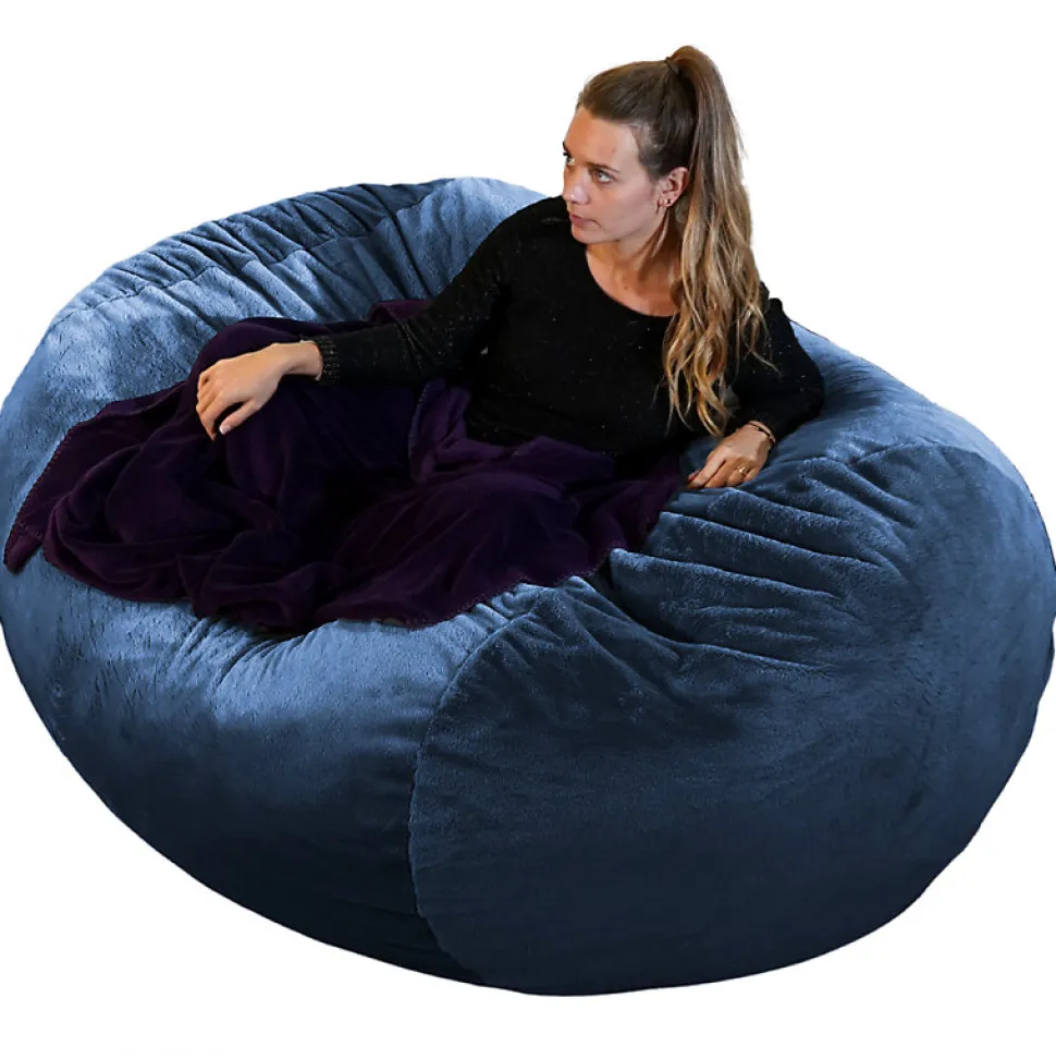 Pouf long géant déhoussable fausse fourrure bleu 160 cm