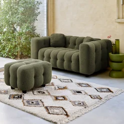 Pouf. module pour canapé. repose-pieds pour canapé 2 places en bouclette texturée kaki L 69 x P 59 x H 48cm - Leon