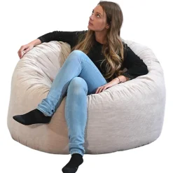 Pouf rond doux en velours côtelé BANANAIR 100 cm beige