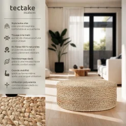 Pouf rond en jute style bohème fait main 100 % fibres naturelles