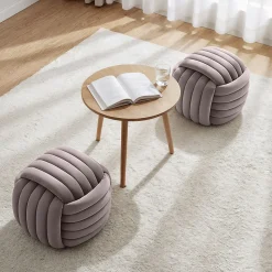 Pouf tressé en velours 53 cm NILO Rose Poudré
