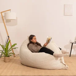 Pouf velours côtelé déhoussable BANANAIR 180 x 140 cm blanc cassé