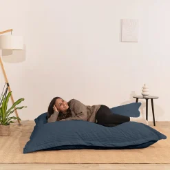 Pouf velours côtelé déhoussable BANANAIR 180 x 140 cm bleu nuit