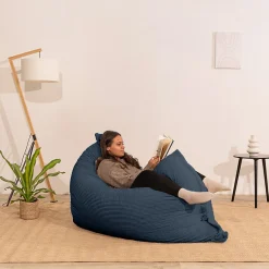 Pouf velours côtelé déhoussable BANANAIR 180 x 140 cm bleu nuit