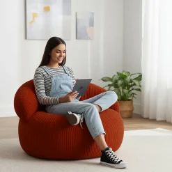 Pouf XXL déhoussable en velours côtelé BANANAIR 110x100 cm rouge brique