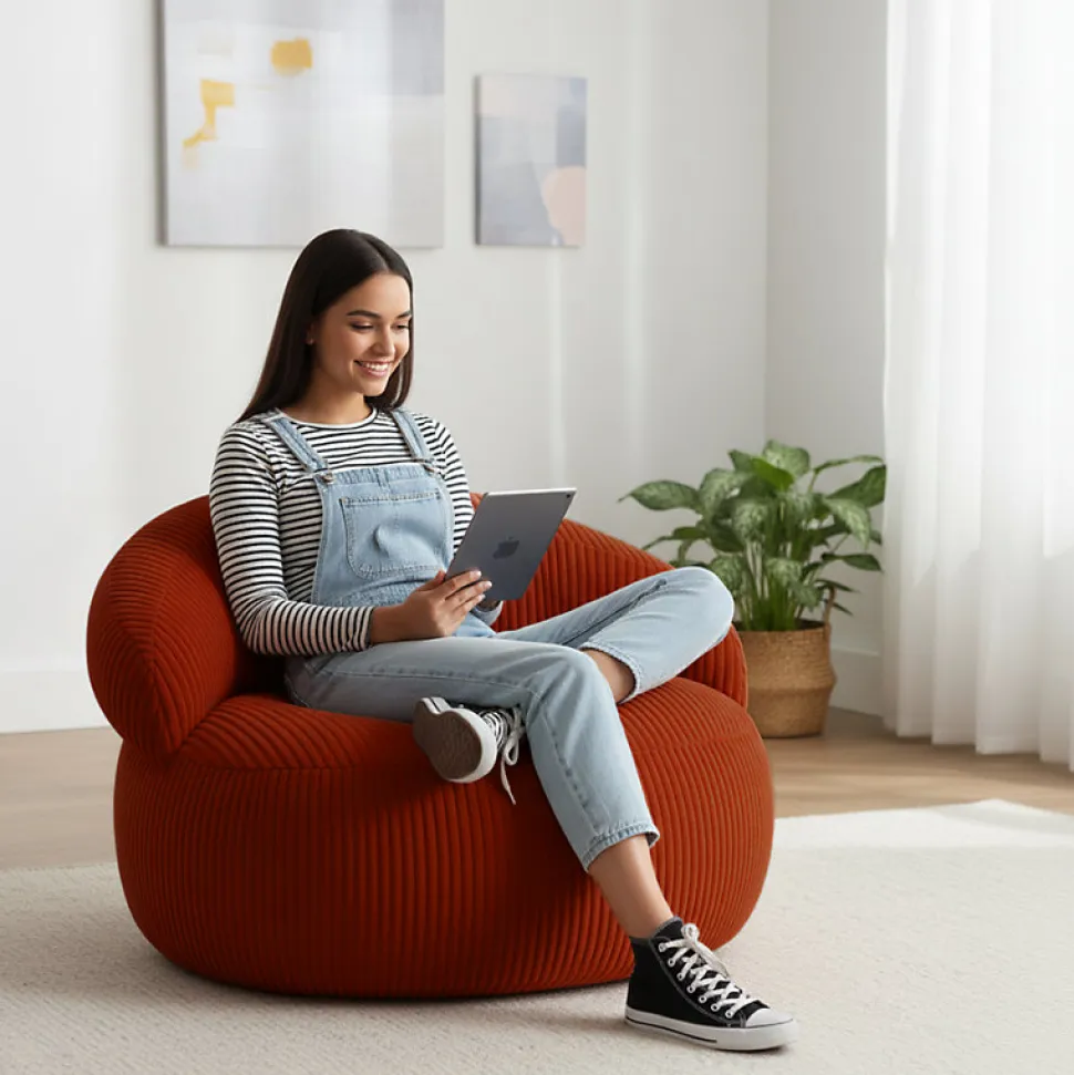 Pouf XXL déhoussable en velours côtelé BANANAIR 110x100 cm rouge brique