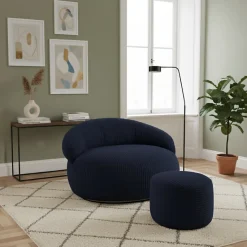Pouf XXL déhoussable en velours côtelé BANANAIR 110x100 cm + repose-pieds bleu foncé