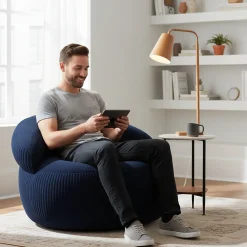 Pouf XXL déhoussable en velours côtelé BANANAIR 110x100 cm bleu foncé