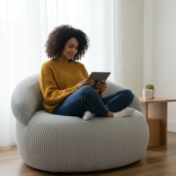 Pouf XXL déhoussable en velours côtelé BANANAIR 110x100 cm gris clair