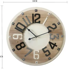 Rebecca Mobili Horloge de Décor Chambre Ronde Bois Metal Beige Marron 50x50x4,5