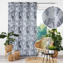 Rideau à œillets 140 x 260 cm Jacquard FAGGY Bleu Motif feuillage élégant