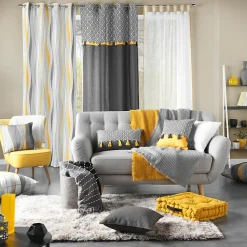 rideau a oeillets 140 x 240 cm coton uni+top imprime+pompons neo casa