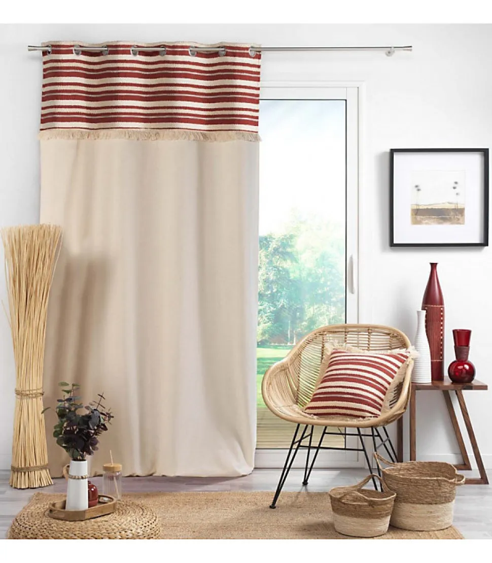 RIDEAU A OEILLETS 140 x 240 CM COTON UNI FRANGES TERRACOTTA - 140x240cm - Terre cuite