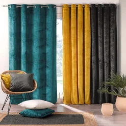 Rideau occultant en velours feuilles de monstera (140x240 cm - Bleu)